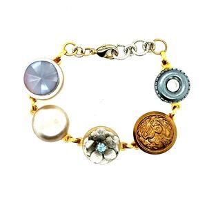 Vintage Style Mixed Metal Button Charm Bracelet Lion Floral Crystal 8 Inch